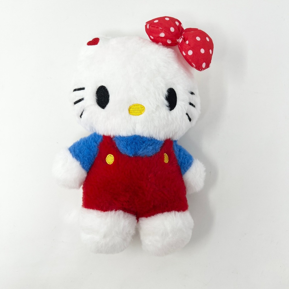 Hello Kitty Plush Classic Red Overalls‎ Blue Shirt Polka Dot Bow Soft Toy New